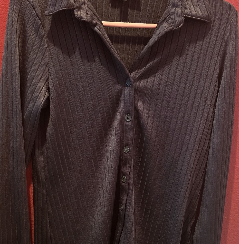 Black Ribbed Button-Up Shirt